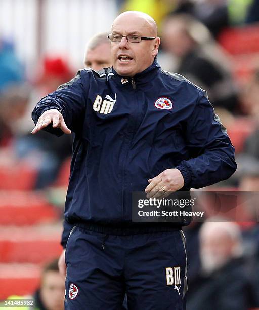 Reading manager Brian McDermott during the npower Championship match between Barnsley and Reading at Oakwell Stadium on March 17, 2012 in Barnsley,...