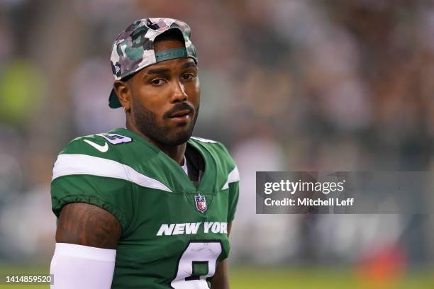 Elijah Moore of the New York Jets looks on against the Philadelphia Eagles during the preseason game at Lincoln Financial Field on August 12, 2022 in...