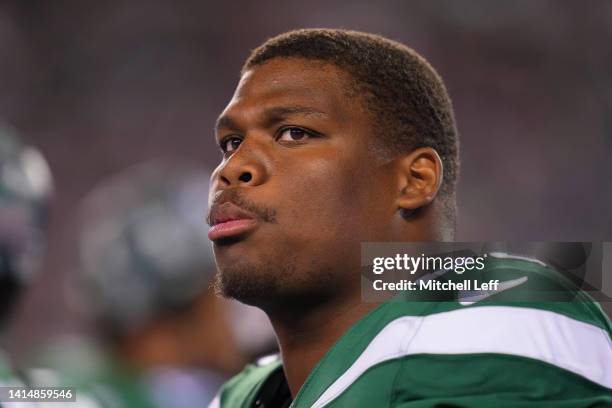 Quinnen Williams of the New York Jets looks on from the sidelines against the Philadelphia Eagles in the second half of the preseason game at Lincoln...