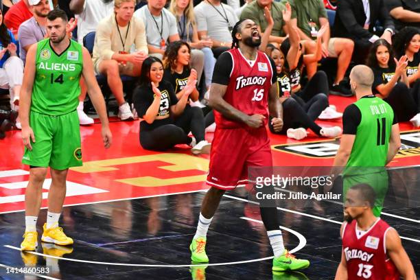 Amir Johnson of the Trilogy reacts after defeating the Aliens during the BIG3 Playoffs on August 14, 2022 at Amalie Arena in Tampa, Florida.
