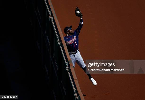 Nick Gordon of the Minnesota Twins makes the out against Kurt Suzuki of the Los Angeles Angels in the eighth inning at Angel Stadium of Anaheim on...