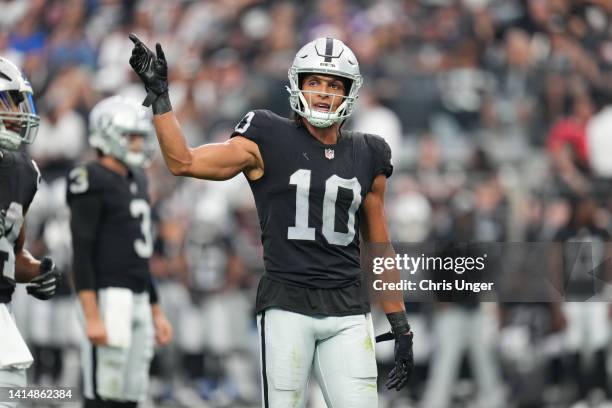 Wide receiver Mack Hollins of the Las Vegas Raiders stands on the line of scrimmage during the first half of a preseason game against the Minnesota...