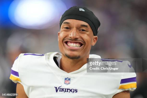 Quarterback Kellen Mond of the Minnesota Vikings looks on from the sidelines during the second half of a preseason game against the Las Vegas Raiders...