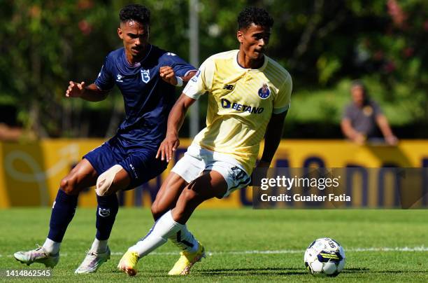 Goncalo Borges of FC Porto B with Diogo Calila of Belenenses SAD in action during the Liga 2 Sabseg match between Belenenses SAD and FC Porto B at...