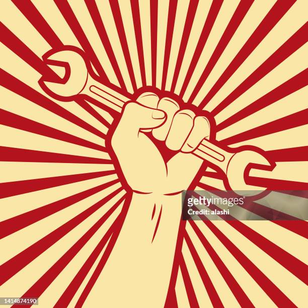 one strong fist holding a wrench - adjusting stock illustrations
