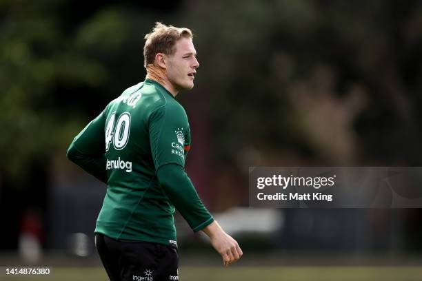 Tom Burgess looks on during a South Sydney Rabbitohs NRL training session at Redfern Oval on August 15, 2022 in Sydney, Australia.