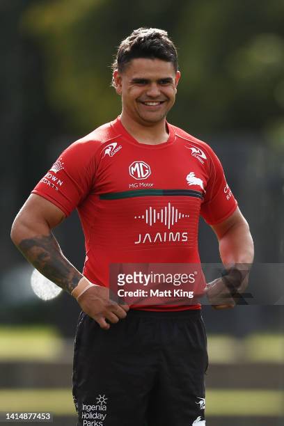 Latrell Mitchell looks on during a South Sydney Rabbitohs NRL training session at Redfern Oval on August 15, 2022 in Sydney, Australia.
