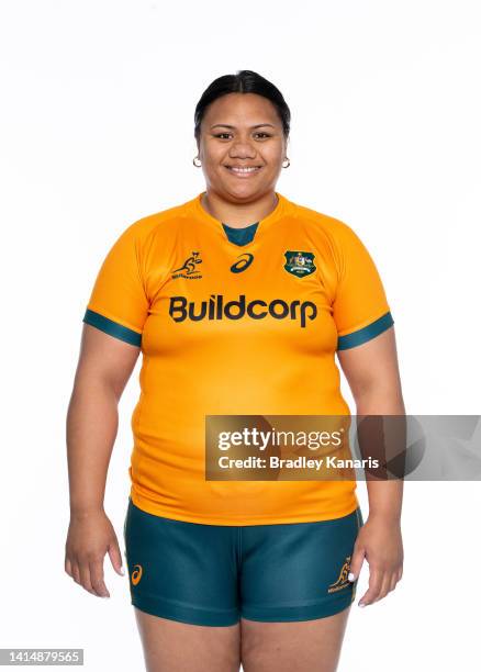 Christina Sekona poses during the Australian Wallaroos rugby team headshots session at Mercure Gold Coast Resort on August 13, 2022 in Carrara,...