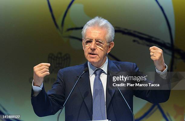 Italian Prime Minister Mario Monti delivers a speech during day two of the Confindustria meeting 'Cambia Italia. Riforme Per Crescere' on March 17,...