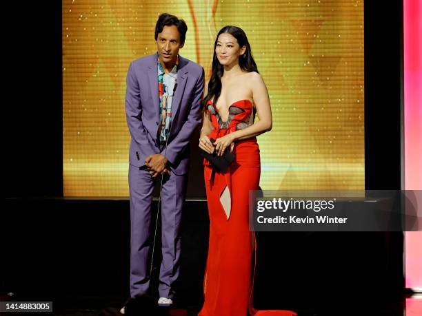 Danny Pudi and Arden Cho speak onstage during The 2nd Annual HCA TV Awards: Streaming at The Beverly Hilton on August 14, 2022 in Beverly Hills,...