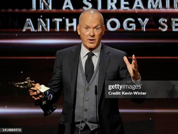 Michael Keaton accepts the Best Actor in a Streaming Limited or Anthology Series, or Movie award for ‘Dopesick’ onstage during The 2nd Annual HCA TV...