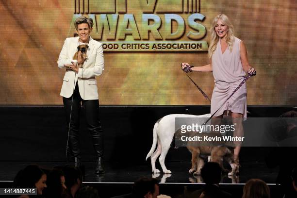 Host Cameron Esposito and Lisa Arturo speak onstage during The 2nd Annual HCA TV Awards: Streaming at The Beverly Hilton on August 14, 2022 in...