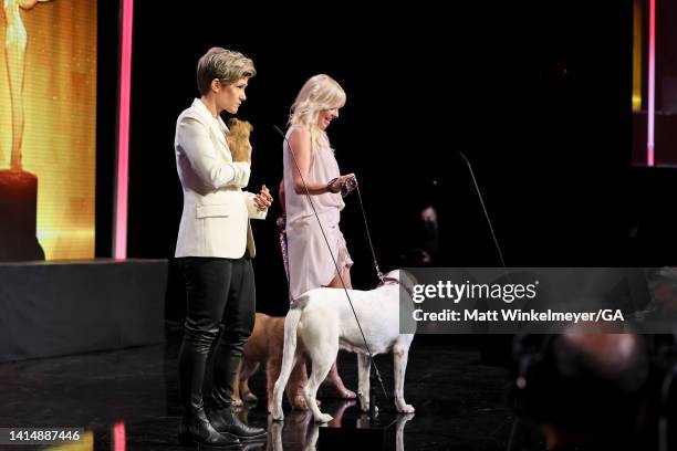 Host Cameron Esposito and Lisa Arturo speak onstage during The 2nd Annual HCA TV Awards: Streaming at The Beverly Hilton on August 14, 2022 in...