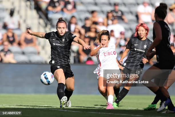 Megan Reid of Angel City FC passes the ball against the Chicago Red Stars during the first half of National Women's Soccer League action at Banc of...