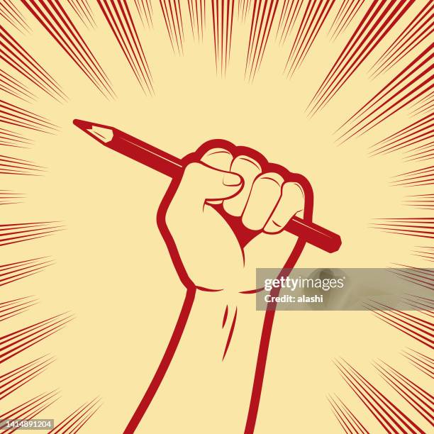ilustrações, clipart, desenhos animados e ícones de um punho forte segurando um lápis - rebellion