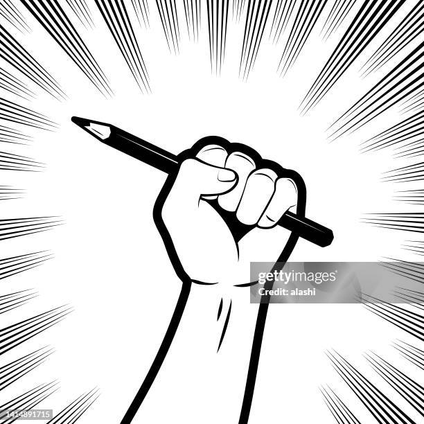 one strong fist holding a pencil - entertainment book edit stock illustrations