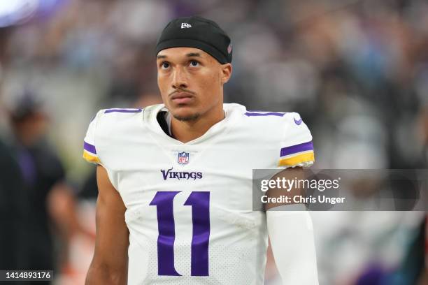 Quarterback Kellen Mond of the Minnesota Vikings looks on from the sidelines during the second half of a preseason game against the Las Vegas Raiders...