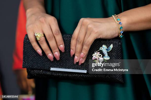 Shakira Barrera, bag detail, attends the red carpet premiere of Freevee's 'Sprung' at Hollywood Forever on August 14, 2022 in Hollywood, California.