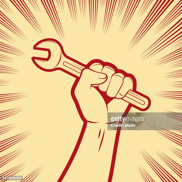one strong fist holding a wrench - red revolution stock illustrations