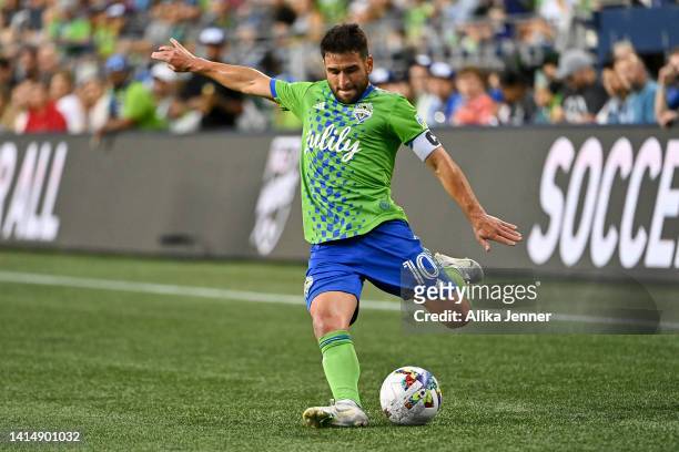 Nicolás Lodeiro of Seattle Sounders kicks the ball during the second half against the Real Salt Lake at Lumen Field on August 14, 2022 in Seattle,...