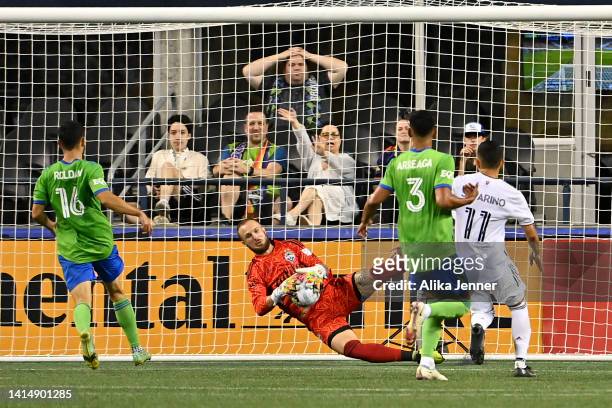 Stefan Frei of Seattle Sounders blocks an attempt during the second half against the Real Salt Lake at Lumen Field on August 14, 2022 in Seattle,...