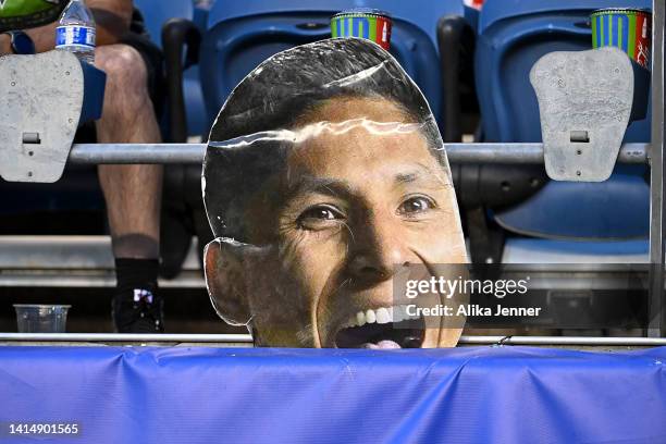 View of Raúl Ruidíaz of Seattle Sounders cardboard cutout during the game against the Real Salt Lake at Lumen Field on August 14, 2022 in Seattle,...