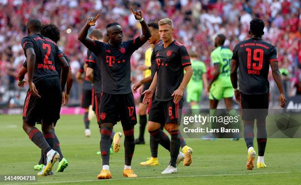 Sadio Mane of Muenchen celebrates during the Bundesliga match between FC Bayern München and VfL Wolfsburg at Allianz Arena on August 14, 2022 in...