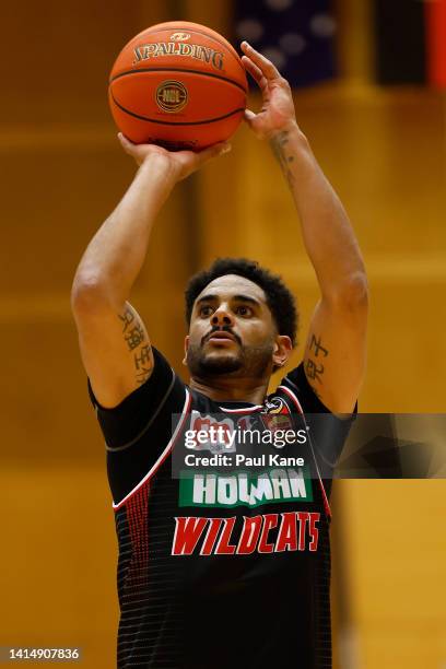 Corey Webster of the Wildcats shoots free throws during a Perth Wildcats NBL training session at Bendat Basketball Centre on August 15, 2022 in...