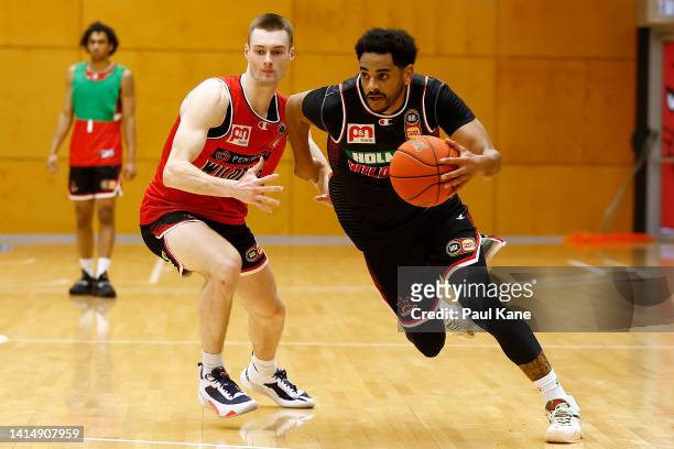 Corey Webster of the Wildcats drives to the keyway during a Perth Wildcats NBL training session at Bendat Basketball Centre on August 15, 2022 in...