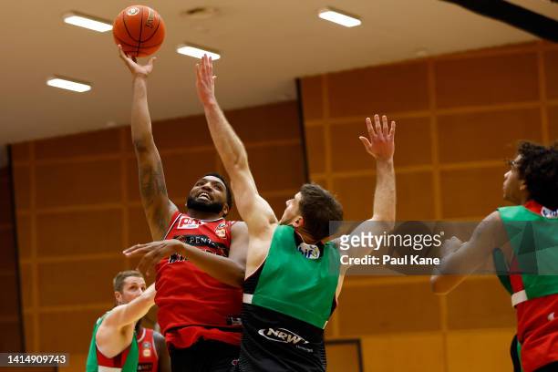 TaShawn Thomas of the Wildcats goes to the basket during a Perth Wildcats NBL training session at Bendat Basketball Centre on August 15, 2022 in...
