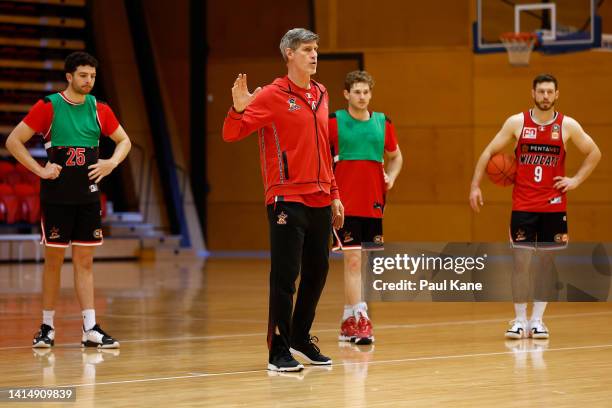 Mike Kelly, associate head coach of the Wildcats addresses the players during a Perth Wildcats NBL training session at Bendat Basketball Centre on...