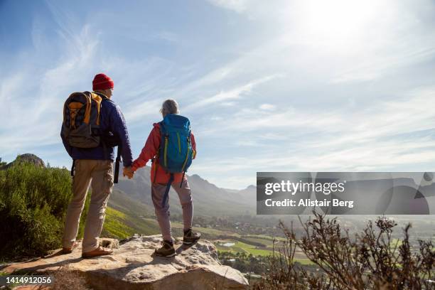 senior couple enjoying the view on a mountain hike - early retirement stockfoto's en -beelden