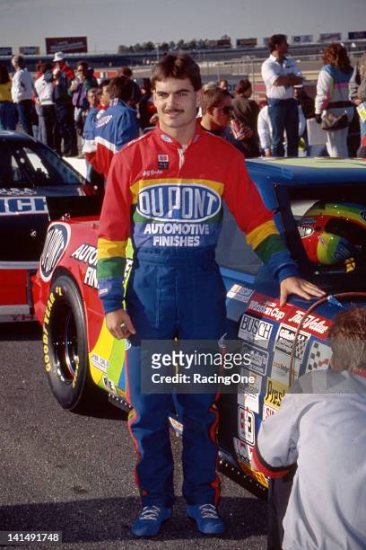 Jeff Gordon driver of the DuPont Chevrolet gets ready for his first NASCAR Cup race in he Hooters 500 at the Atlanta Motor Speedway on November 15,...