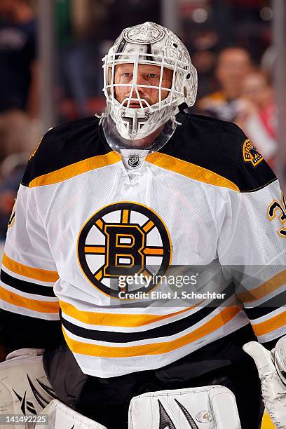 Goaltender Tim Thomas of the Boston Bruins skates on the ice prior to the start of the game against the Florida Panthers at the BankAtlantic Center...