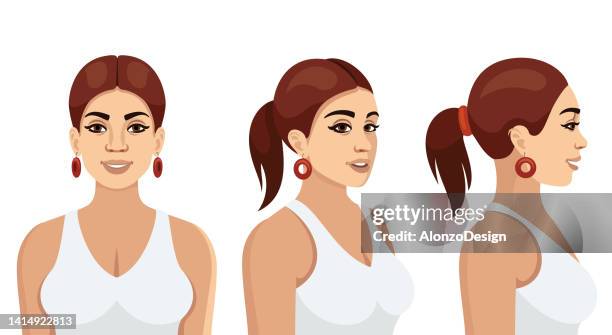 set of three different angles.  woman face viewed in three positions. - female model stock illustrations