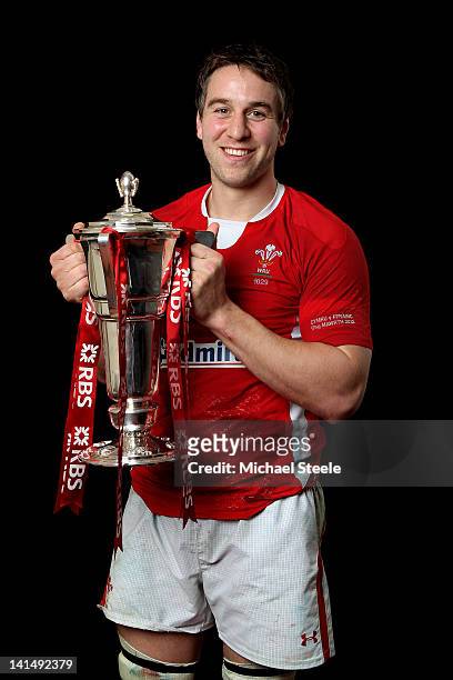 Wales lock Ryan Jones poses with the Six Nations trophy during the RBS Six Nations Championship match between Wales and France at the Millennium...