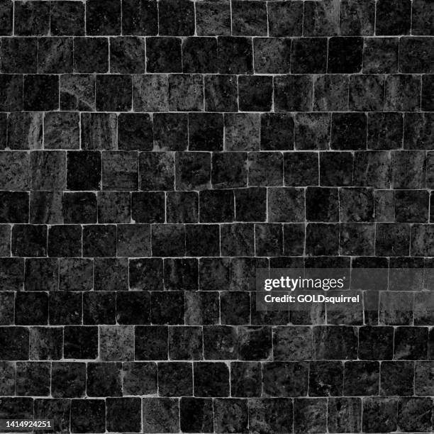 stockillustraties, clipart, cartoons en iconen met tightly arranged square black stones creating a uniform compact surface. paving stones, wall decor surface with realistic raw uneven textured effect - seamless pattern illustration background - betonblok