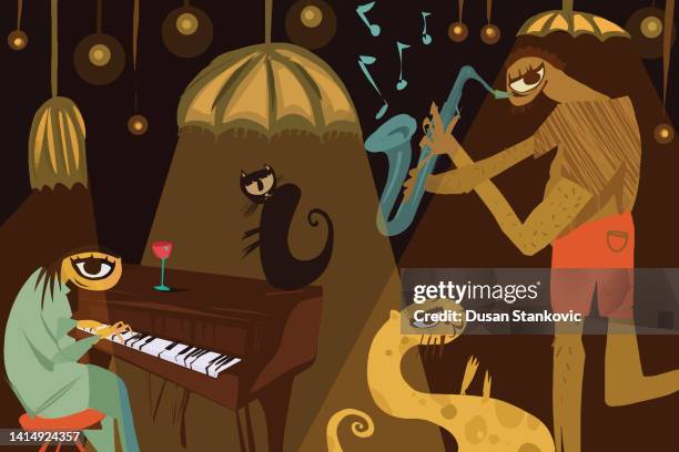 ilustraciones, imágenes clip art, dibujos animados e iconos de stock de club nocturno donde se toca música de jazz - cubismo
