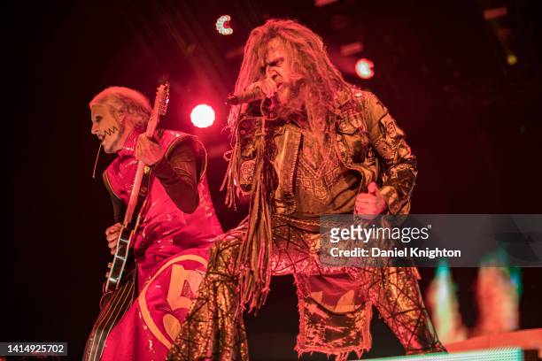 Musicians John 5 and Rob Zombie perform on stage at North Island Credit Union Amphitheatre on August 14, 2022 in Chula Vista, California.