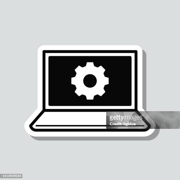 laptop settings - gears. icon sticker on gray background - system configuration stock illustrations