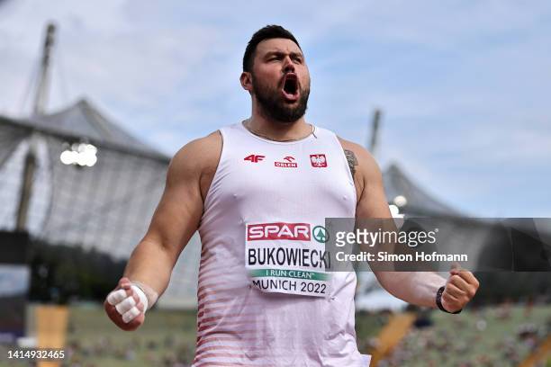 Konrad Bukowiecki of Poland reacts during the Men's Shot Put Qualification on day 5 of the European Championships Munich 2022 at Olympiapark on...