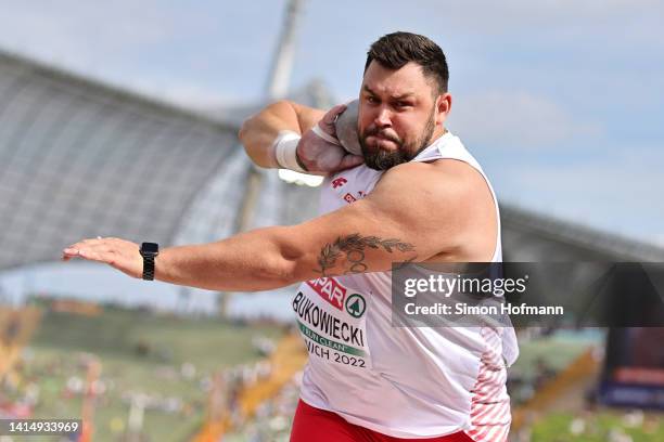Konrad Bukowiecki of Poland competes during the Men's Shot Put Qualification on day 5 of the European Championships Munich 2022 at Olympiapark on...