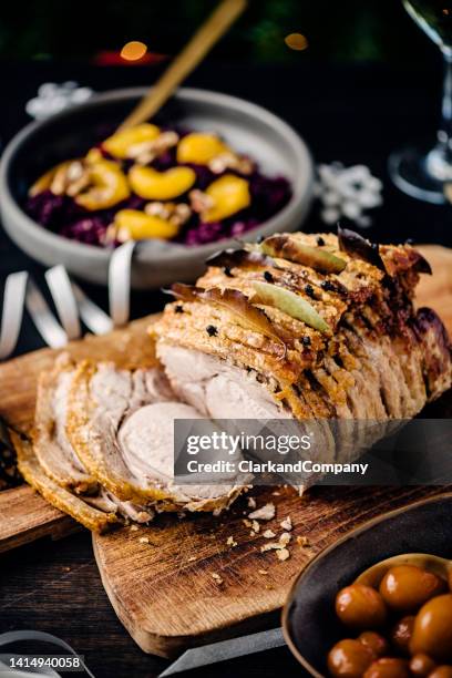 traditional danish christmas dish of flaeskesteg or roast pork. - christmas denmark stock pictures, royalty-free photos & images