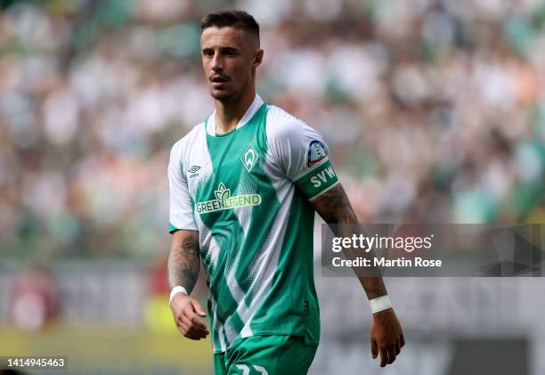 Marco Friedl of SV Werder Bremen controls the ball during the Bundesliga match between SV Werder Bremen and VfB Stuttgart at Wohninvest Weserstadion...