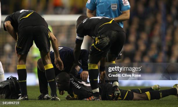 Fabrice Muamba of Bolton Wanderers lies injured on the pitch during the FA Cup Sixth Round match between Tottenham Hotspur and Bolton Wanderers at...