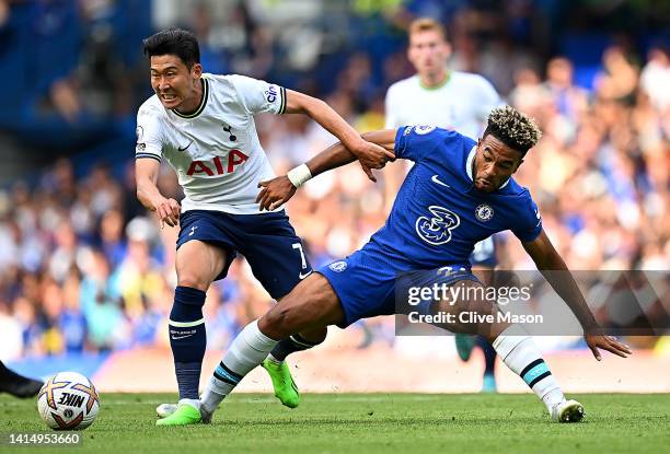 Son Heung-Min of Tottenham Hotspur is challenged by Reece James of Chelsea during the Premier League match between Chelsea FC and Tottenham Hotspur...