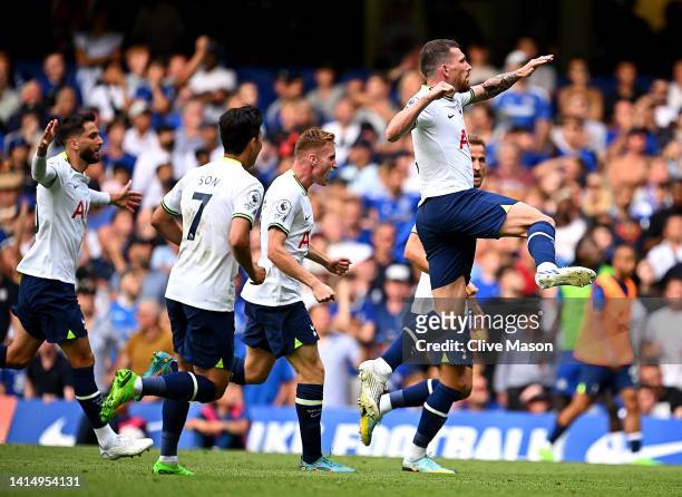 Pierre-Emile Hojbjerg of Tottenham Hotspur celebrates with team mates after scoring their sides first goal during the Premier League match between...