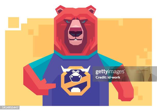 bär zeigt auf bullenwarnsymbol auf t-shirt - bull bear stock-grafiken, -clipart, -cartoons und -symbole