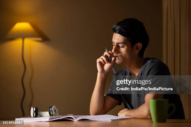 portrait of teenage boy studying at home - nail biting stock pictures, royalty-free photos & images
