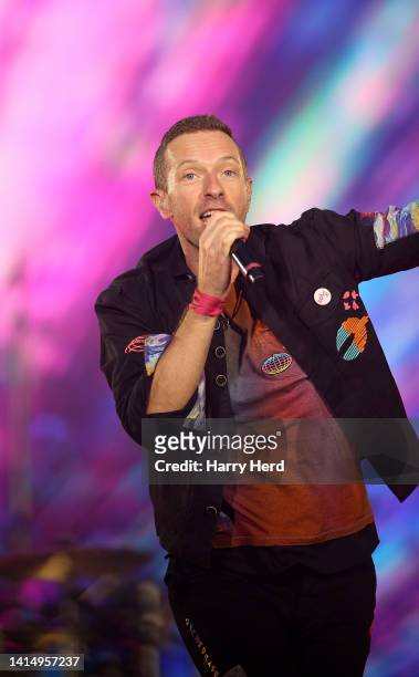 Chris Martin of Coldplay performs during the 'Music of the Spheres' World Tour at a sold out Wembley Stadium on August 12, 2022 in London, England.